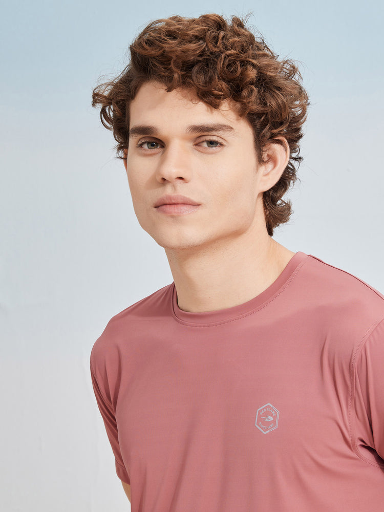Pink Rayon Nylon Stretch Crew Neck T-Shirt