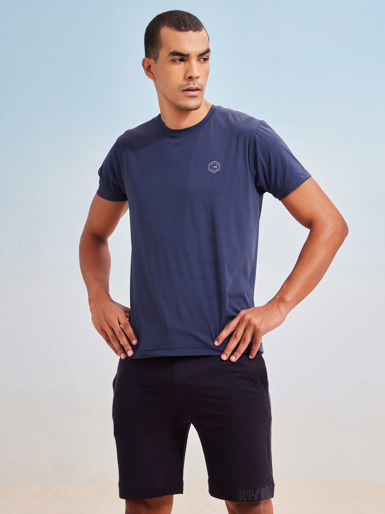 Blue Rayon Nylon Stretch Crew Neck T-Shirt