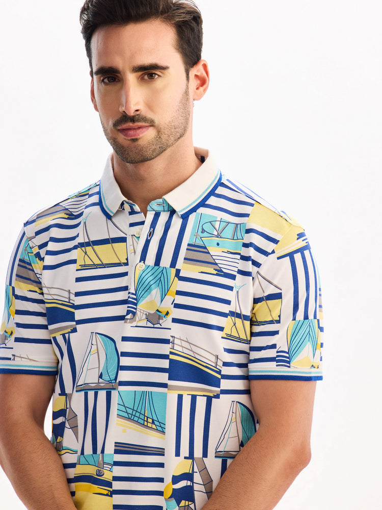 White Printed Polo T-Shirt