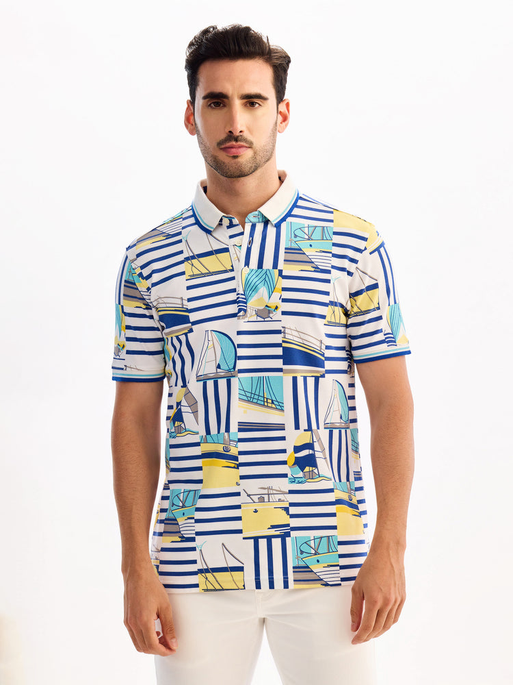 White Printed Polo T-Shirt