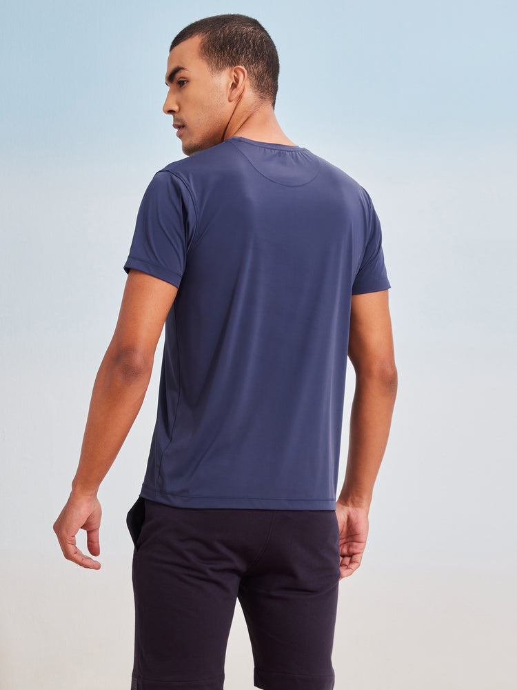 Blue Rayon Nylon Stretch Crew Neck T-Shirt