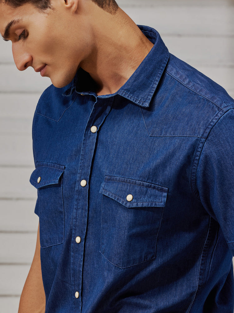 Blue Silky Denim Cargo Shirt