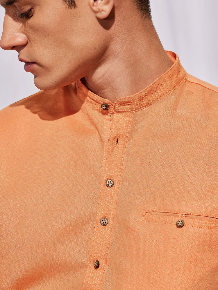 Orange Solid Linen Kurta