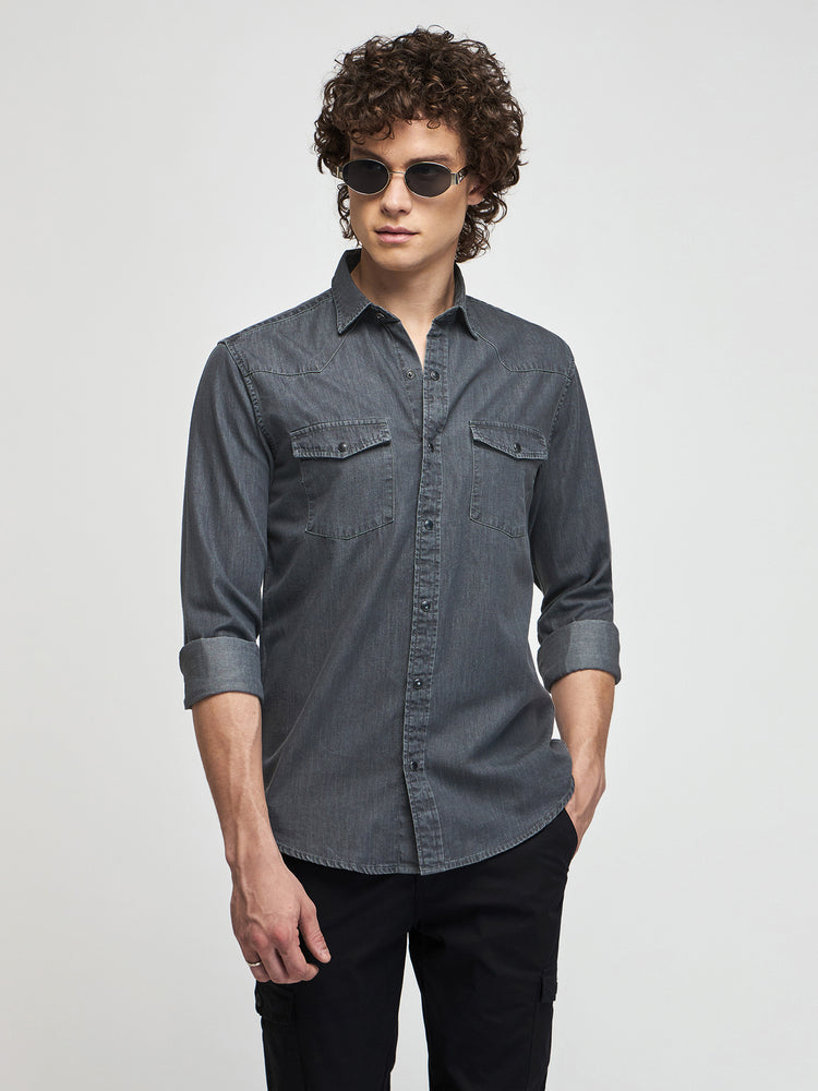 Double Pocket Silky Denim Shirt - Main Image
