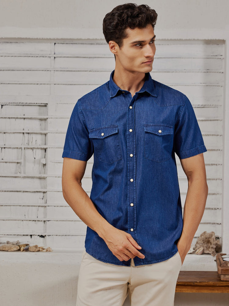 Blue Silky Denim Cargo Shirt