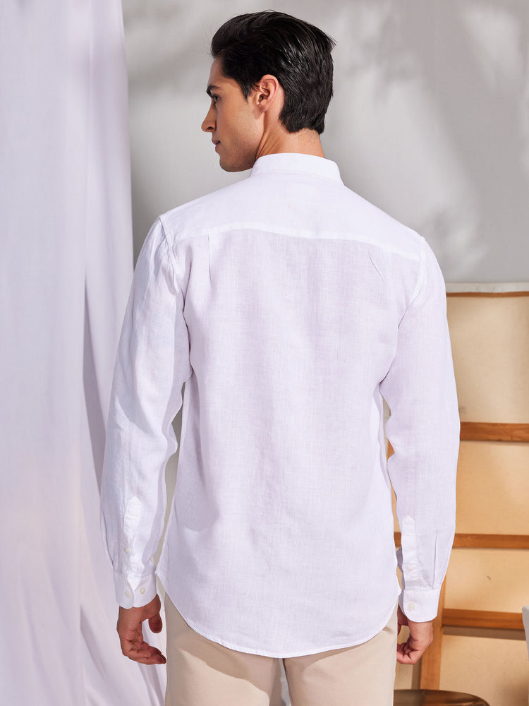 White Linen Spread Collar Shirt