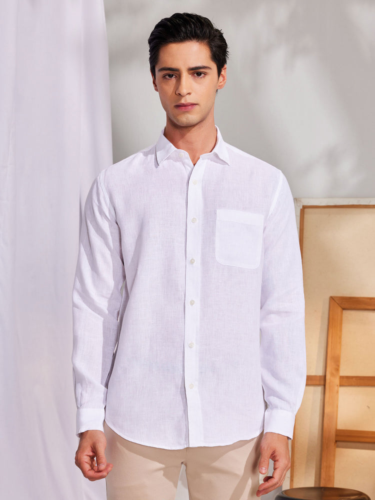 White Linen Spread Collar Shirt