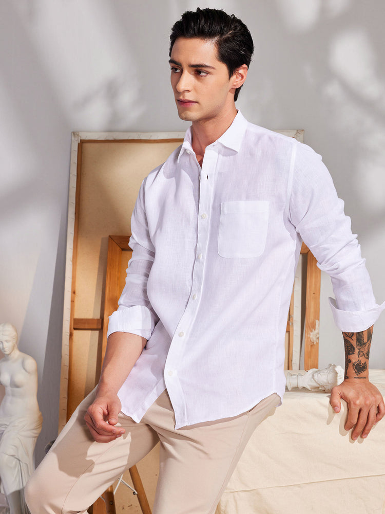 White Linen Spread Collar Shirt