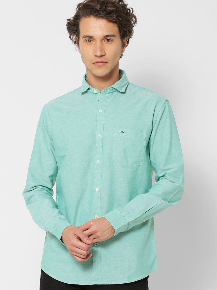 Green Cotton Cut-Way Collar Shirt