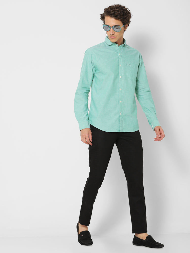 Green Cotton Cut-Way Collar Shirt