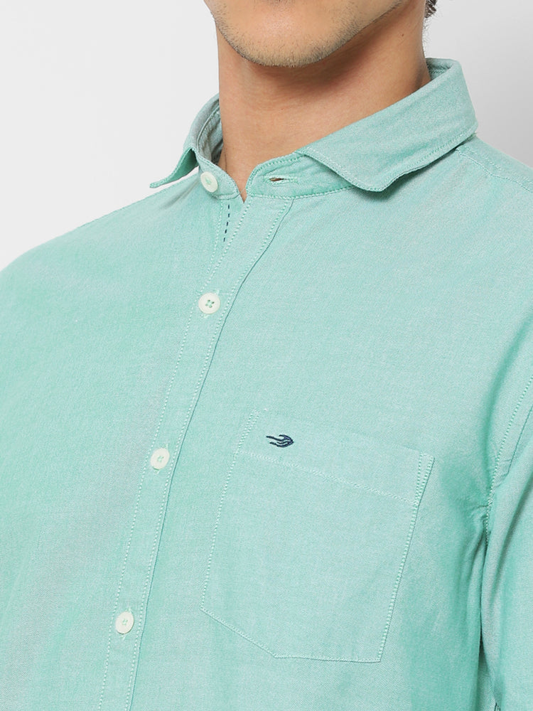 Green Cotton Cut-Way Collar Shirt
