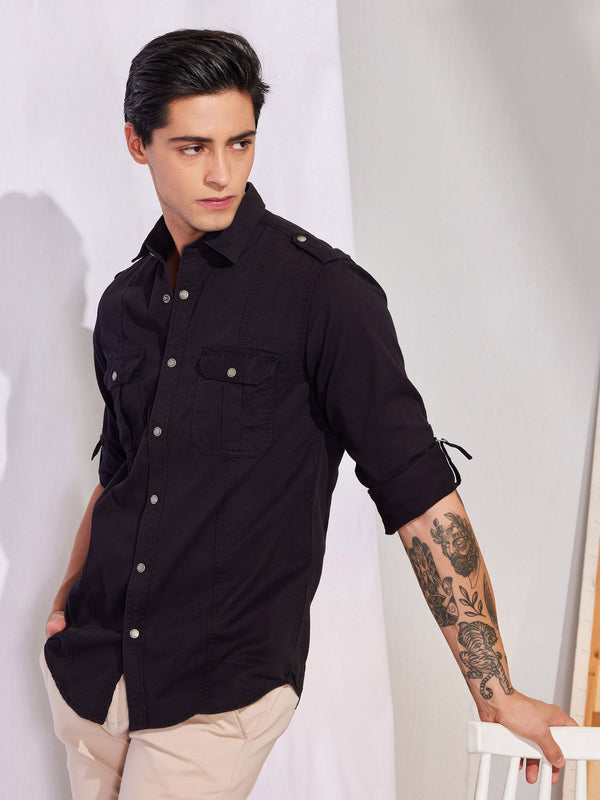 Black  Plain Stretch Shirt