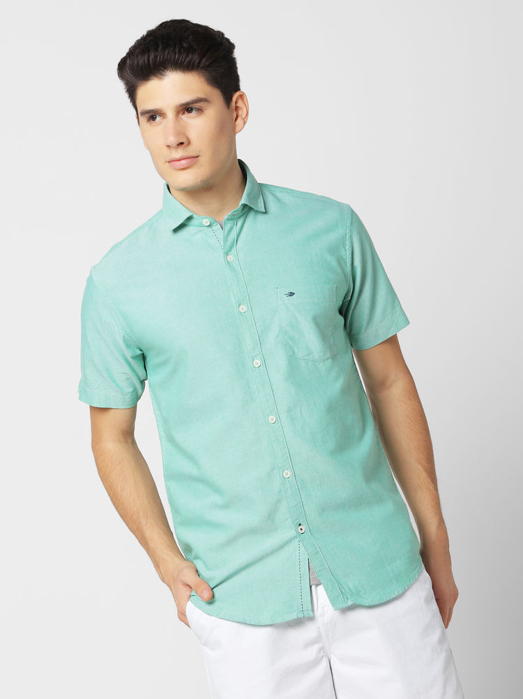 Green Cotton Cut-Way Collar Shirt
