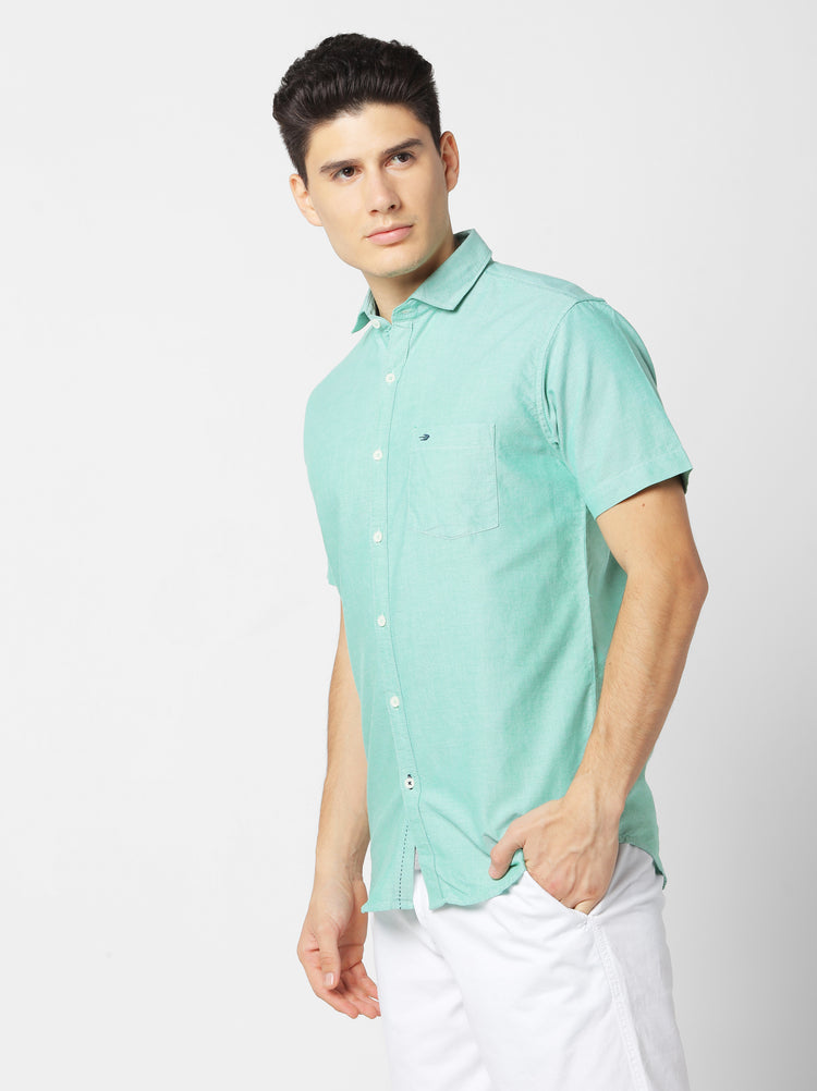 Green Cotton Cut-Way Collar Shirt