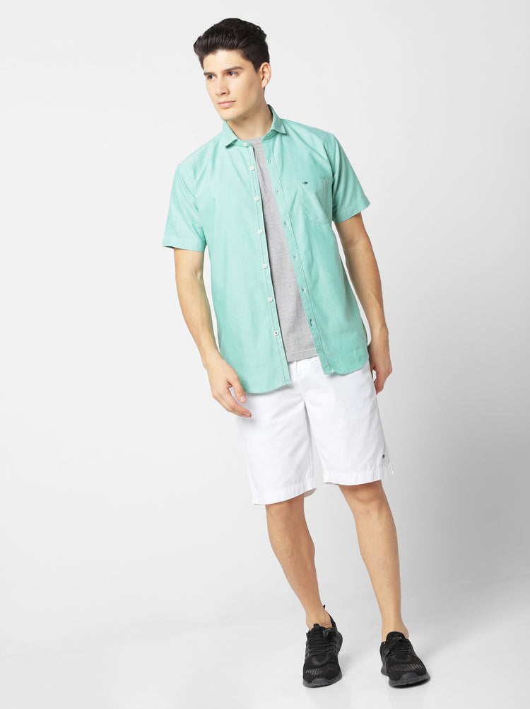 Green Cotton Cut-Way Collar Shirt