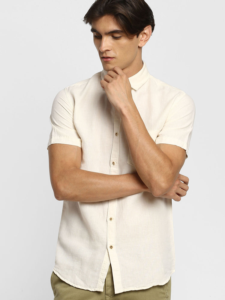 Cream Linen Cotton Spread Collar Shirt