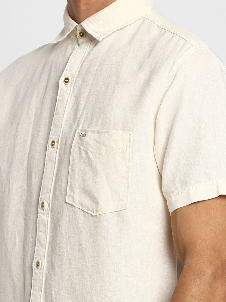 Cream Linen Cotton Spread Collar Shirt
