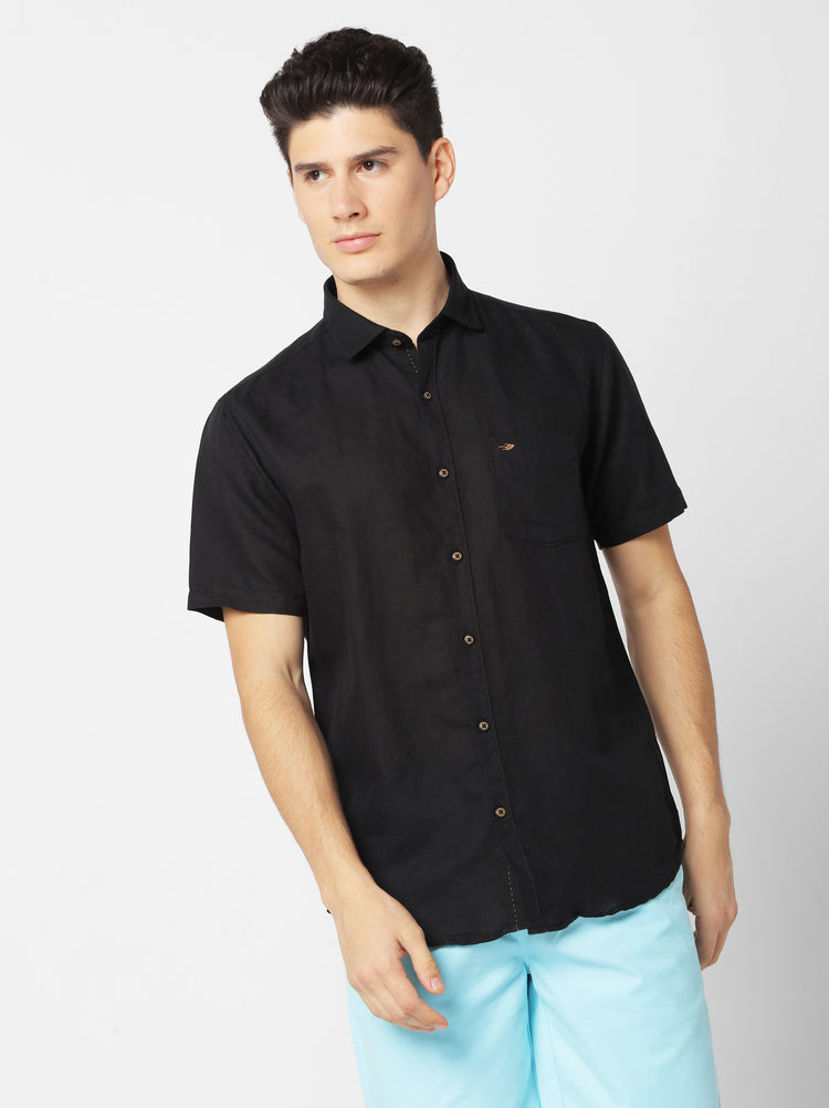 Black Linen Cotton Spread Collar Shirt