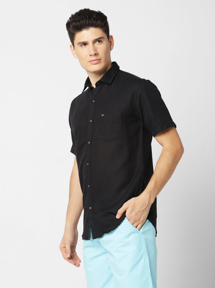 Black Linen Cotton Spread Collar Shirt