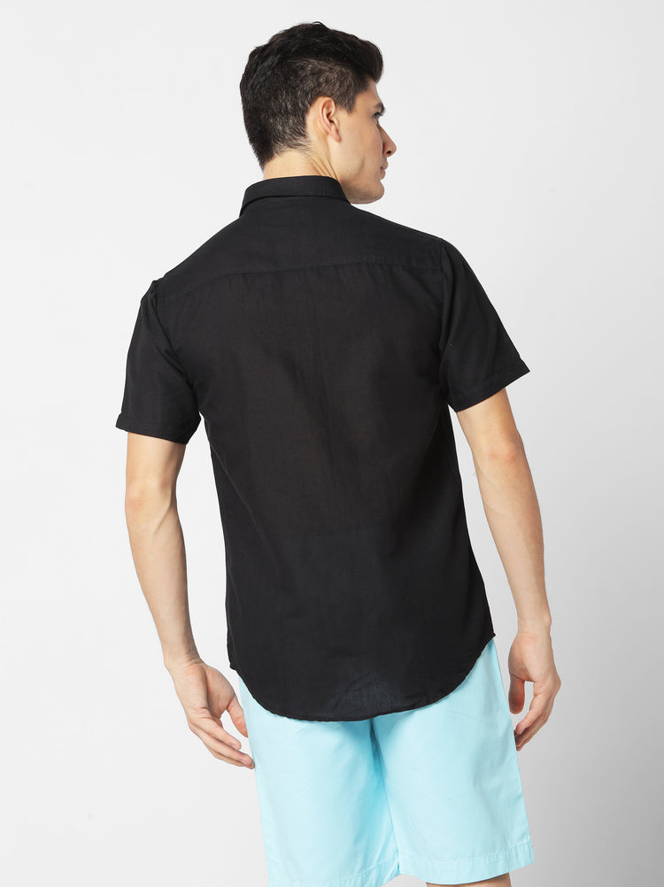 Black Linen Cotton Spread Collar Shirt
