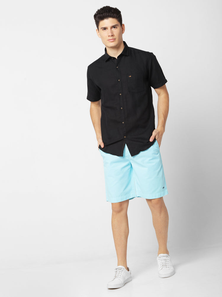 Black Linen Cotton Spread Collar Shirt