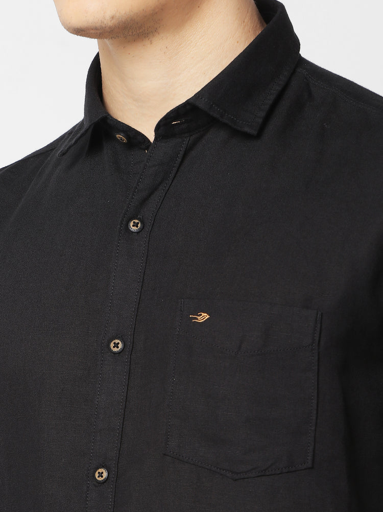 Black Linen Cotton Spread Collar Shirt
