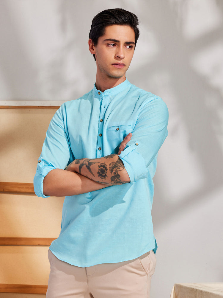 Aqua Blue Linen Cotton Mandarin Collar Kurta