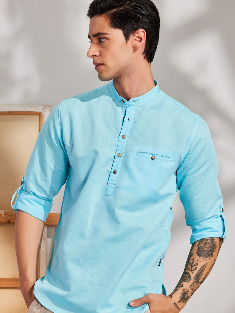 Aqua Blue Linen Cotton Mandarin Collar Kurta