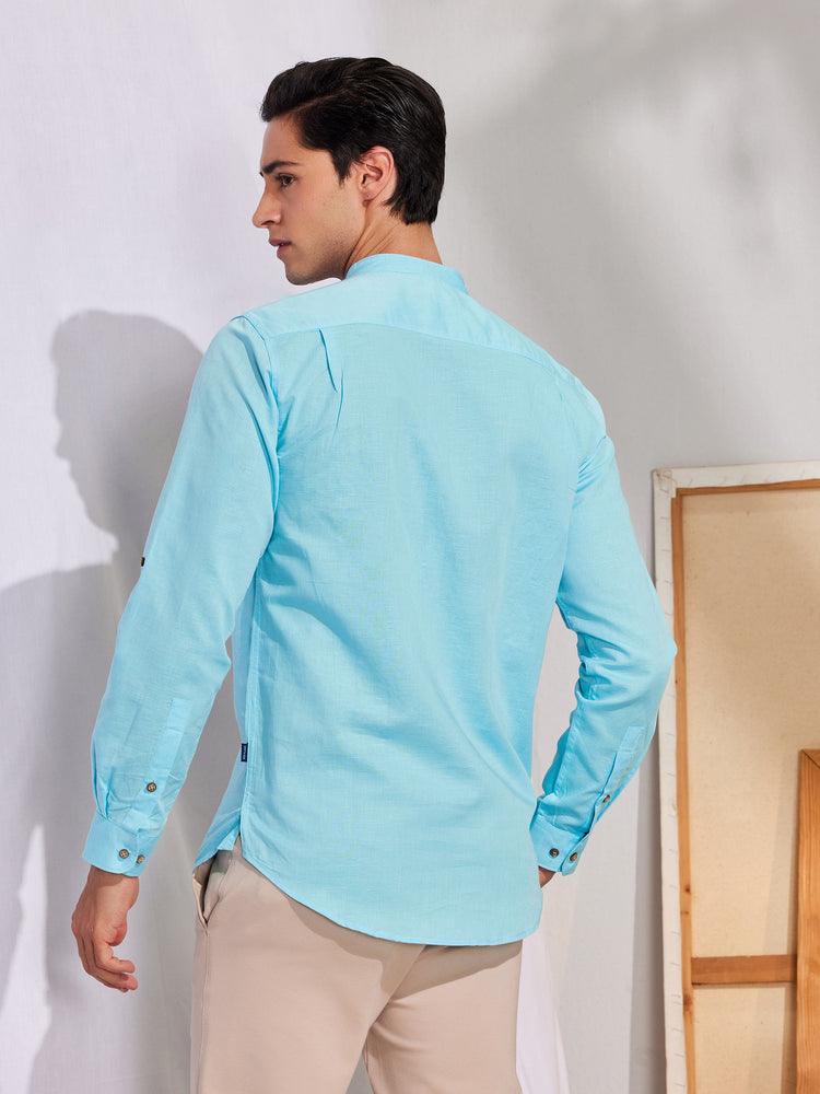 Aqua Blue Linen Cotton Mandarin Collar Kurta