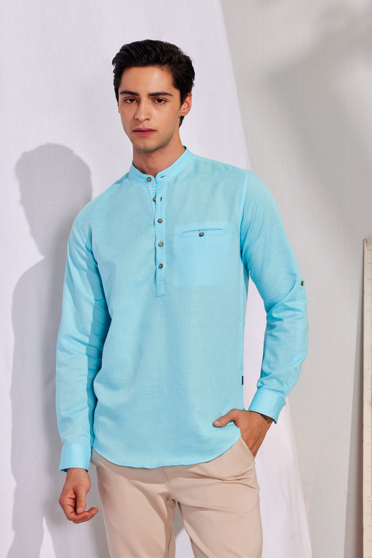 Aqua Blue Linen Cotton Mandarin Collar Kurta