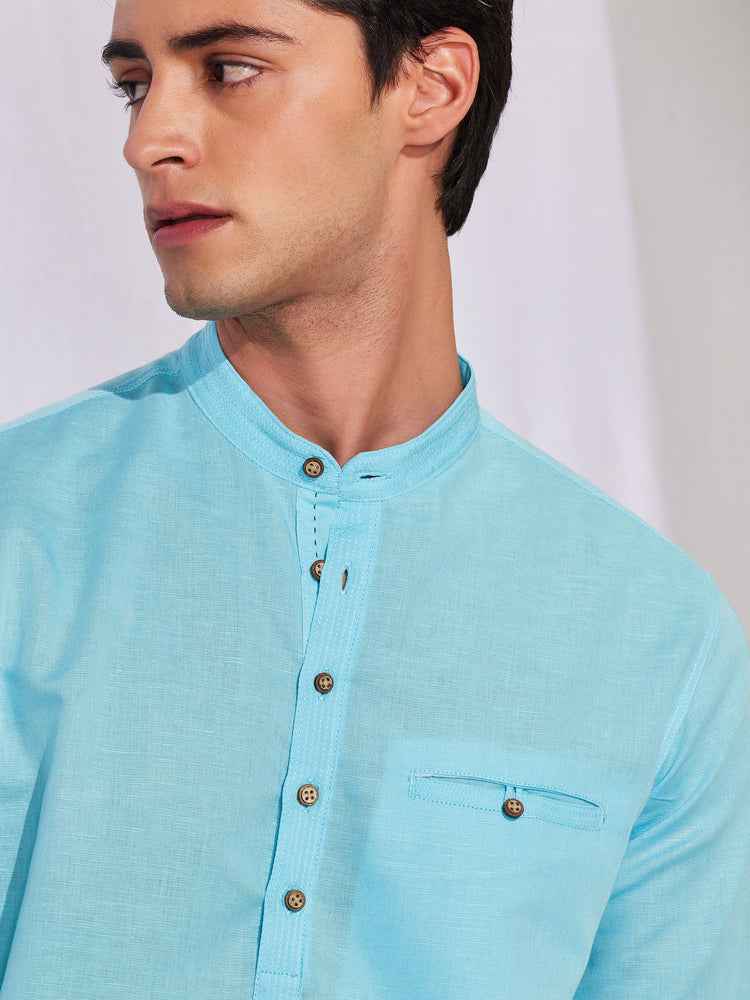 Aqua Blue Linen Cotton Mandarin Collar Kurta