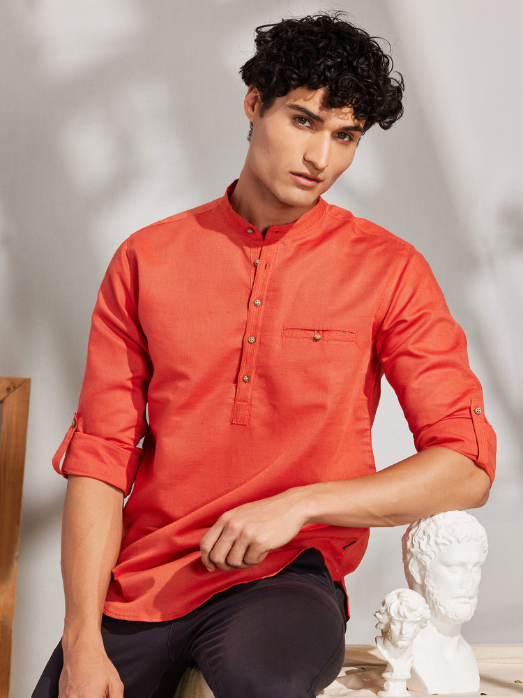 Orange Solid Linen Kurta