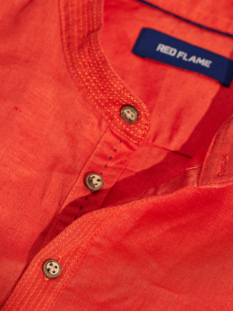 Orange Solid Linen Kurta