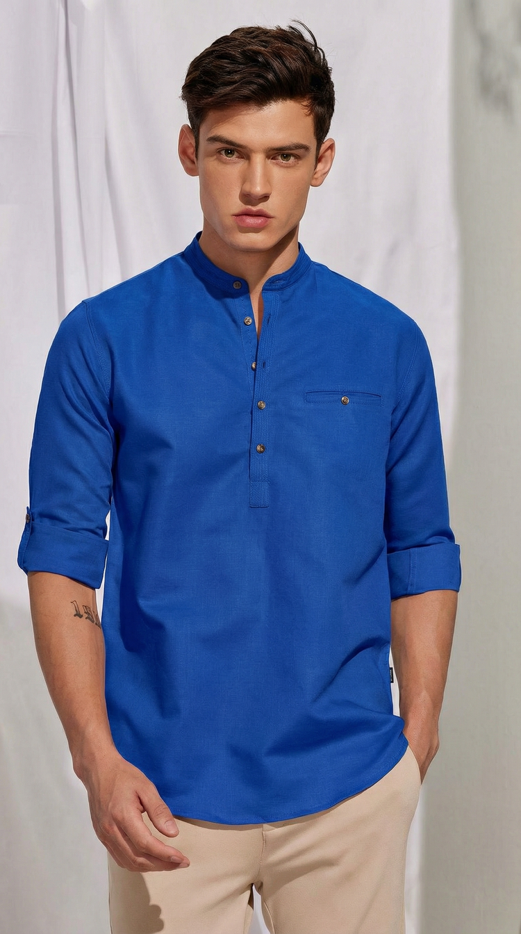 Blue Linen Plain Kurta