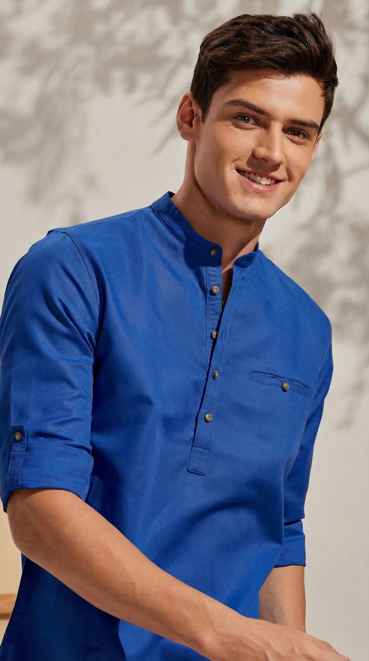 Blue Linen Plain Kurta