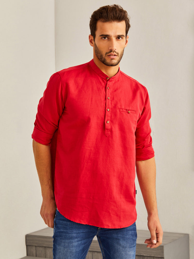 Red Solid Linen Kurta