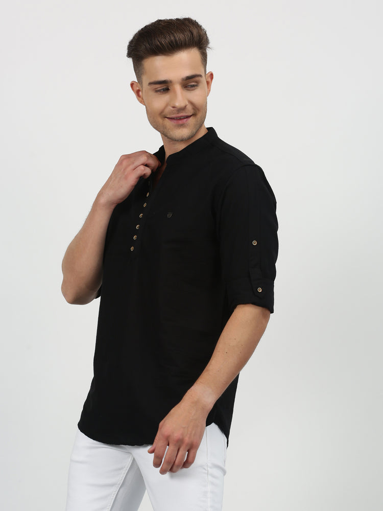 Black Cotton Mandarin Collar Kurta