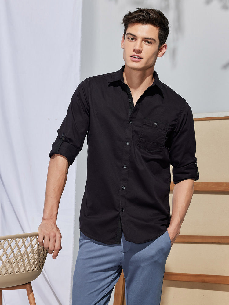 Black Cotton Stretch Spread Collar Shirt