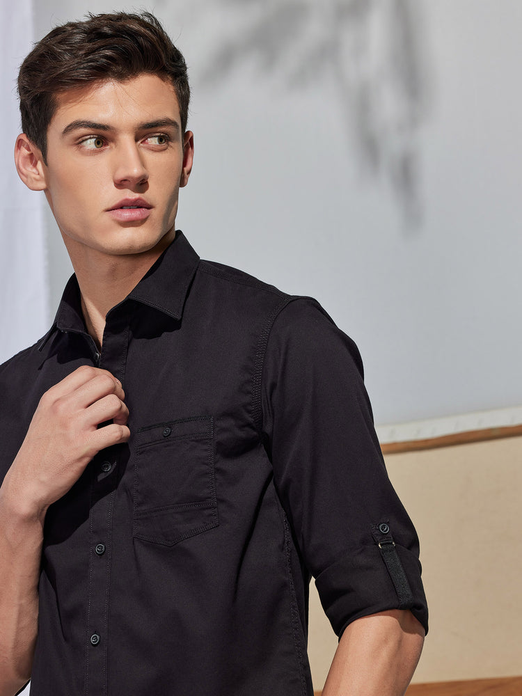 Black Cotton Stretch Spread Collar Shirt