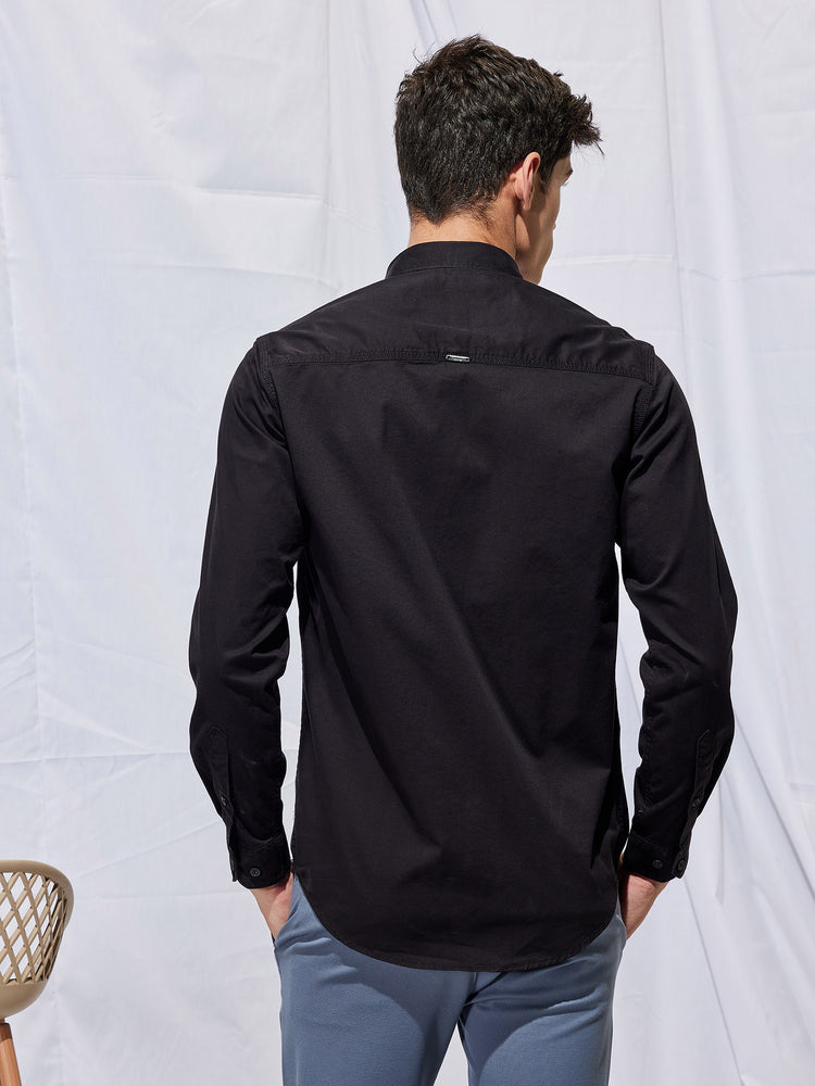 Black Cotton Stretch Spread Collar Shirt