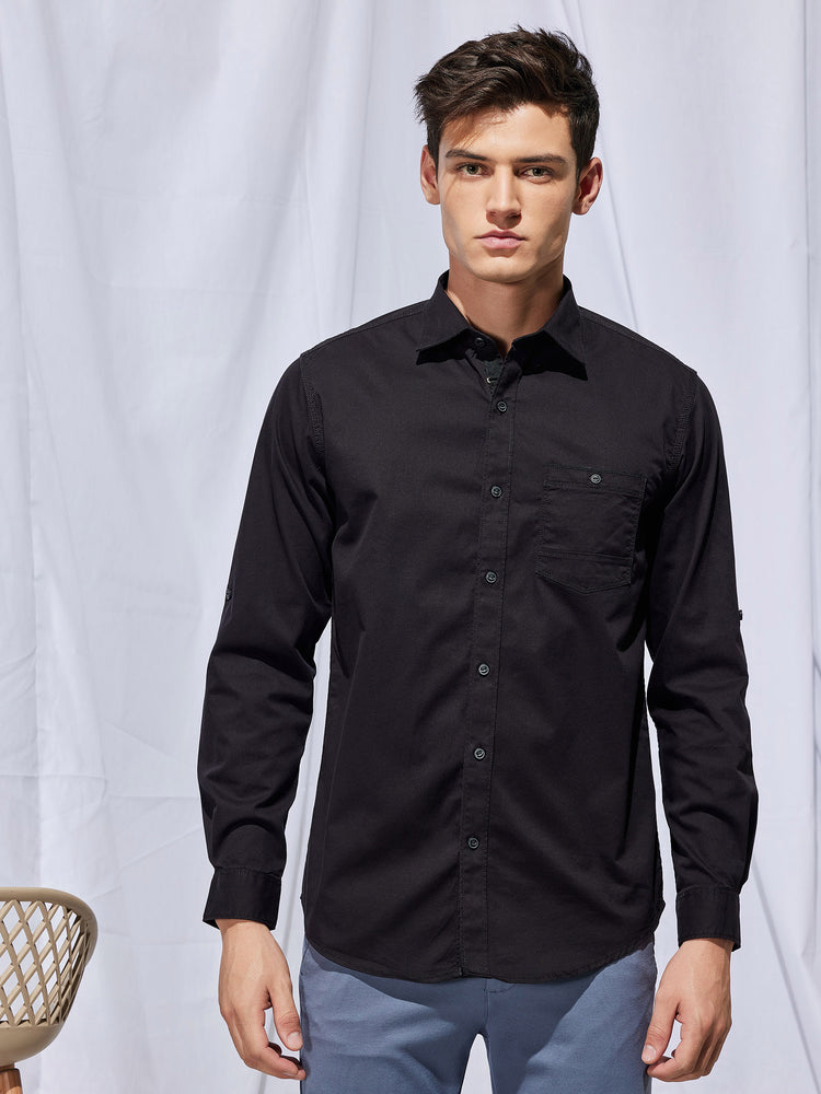 Black Cotton Stretch Spread Collar Shirt