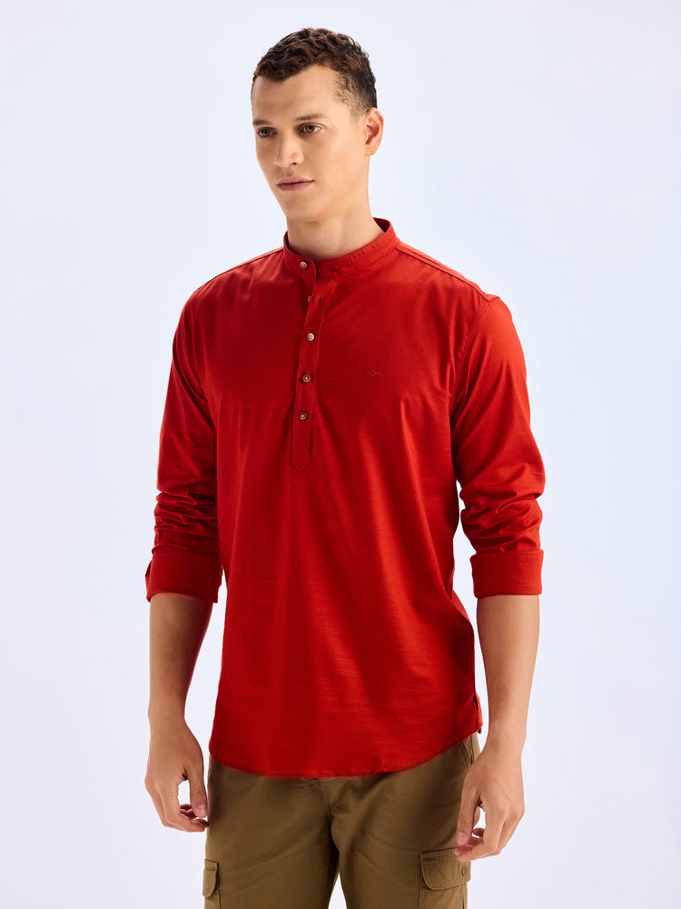 Red Cotton Mandarin Collar Kurta
