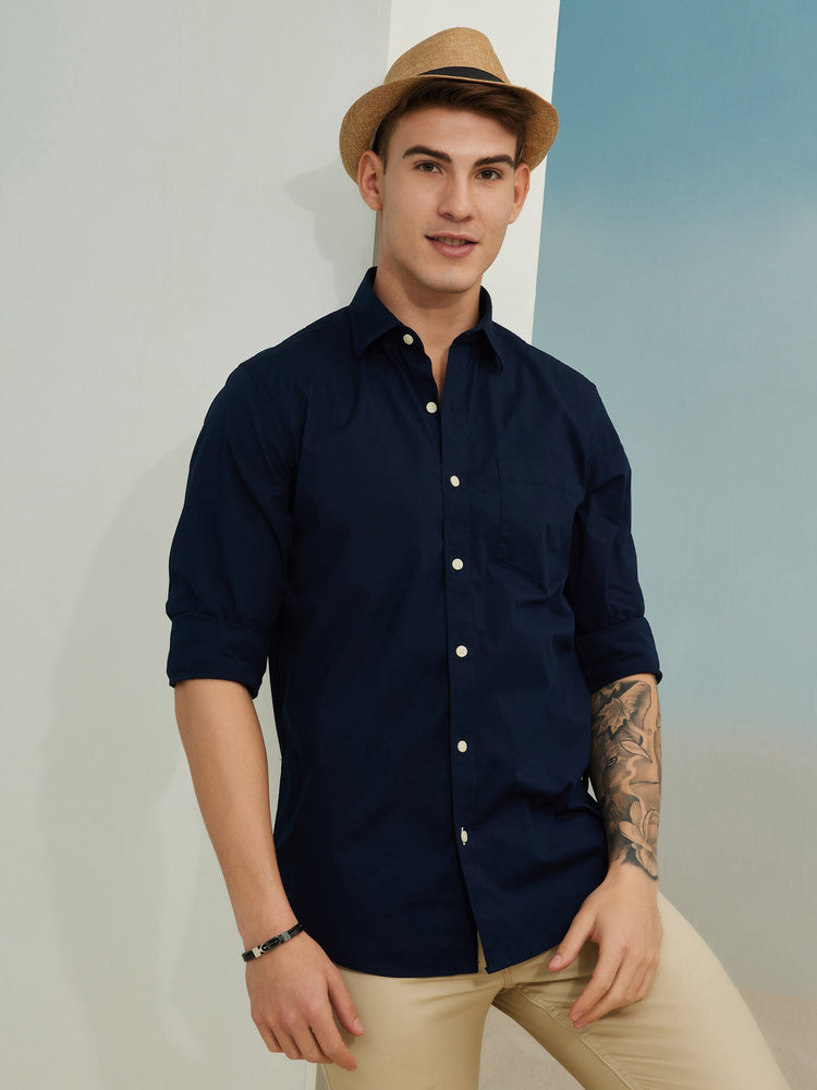 Navy Cotton Stretch Spread Collar Shirt