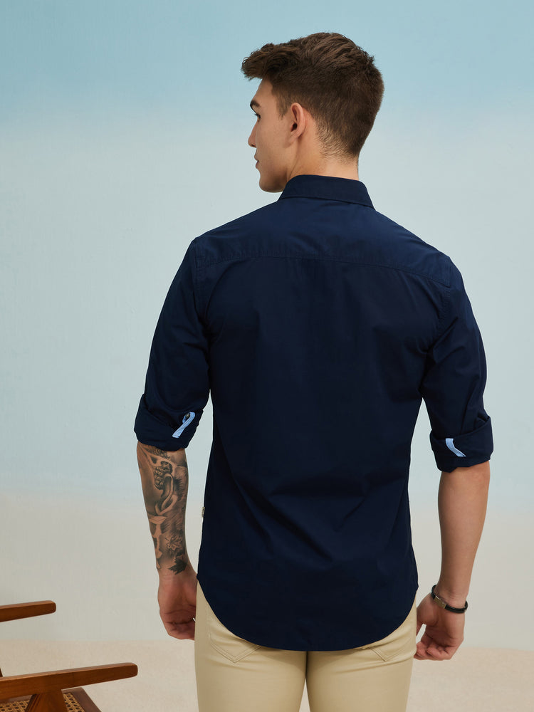 Navy Cotton Stretch Spread Collar Shirt