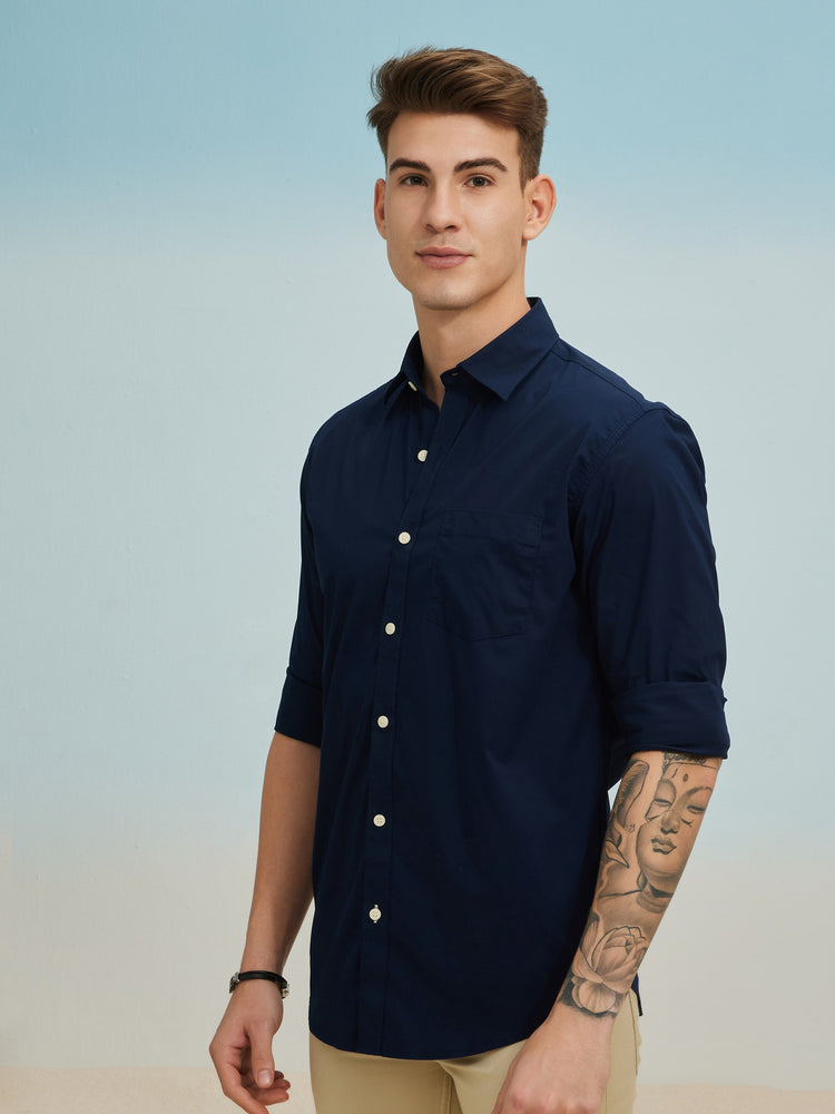 Navy Cotton Stretch Spread Collar Shirt