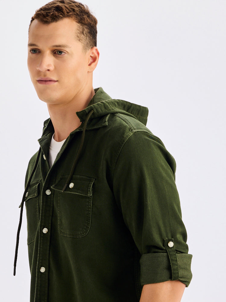 Olive Hooded Denim Shirt
