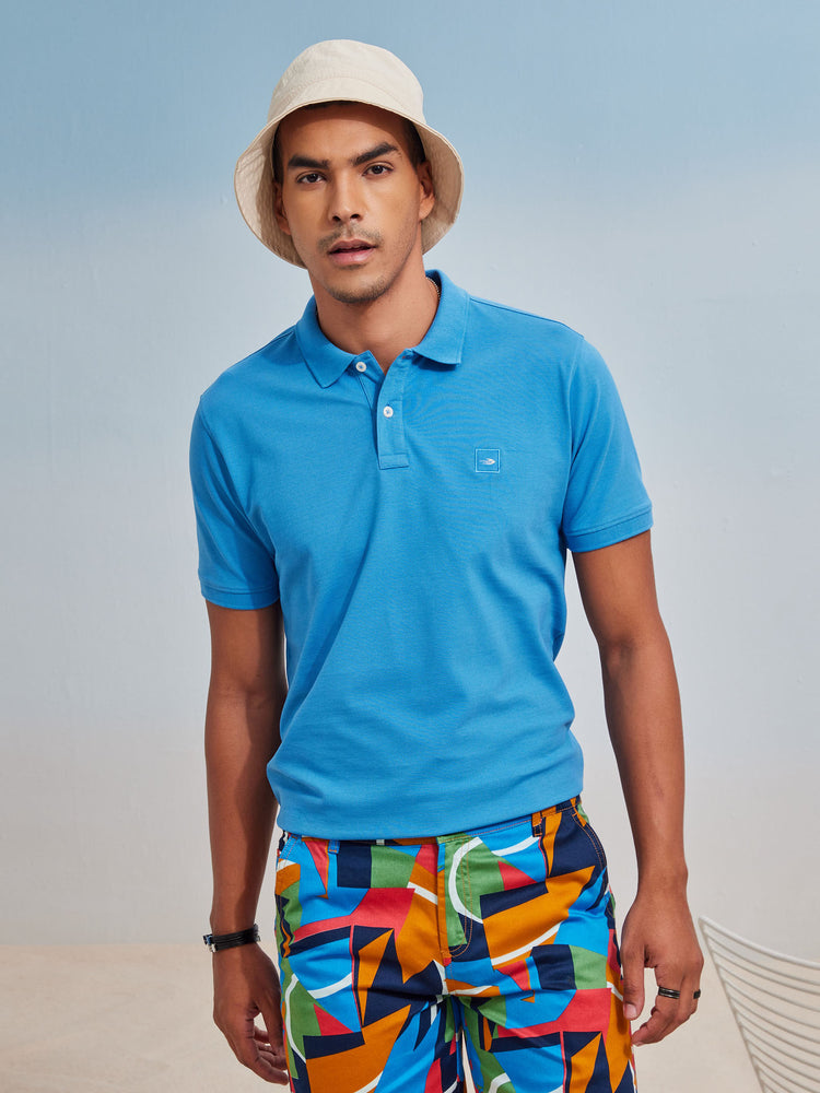 Blue Cotton Stretch Polo Collar T-Shirt