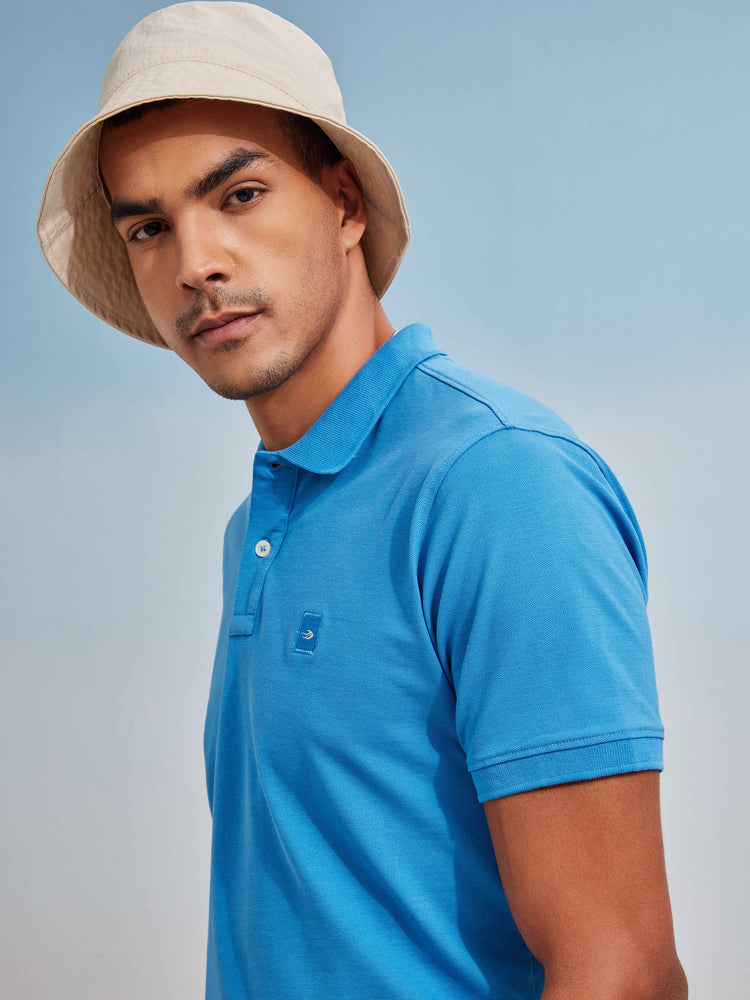 Blue Cotton Stretch Polo Collar T-Shirt