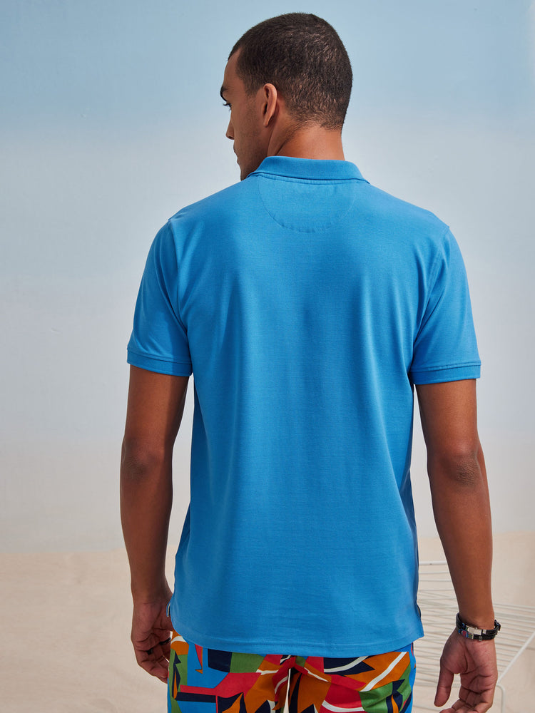 Blue Cotton Stretch Polo Collar T-Shirt