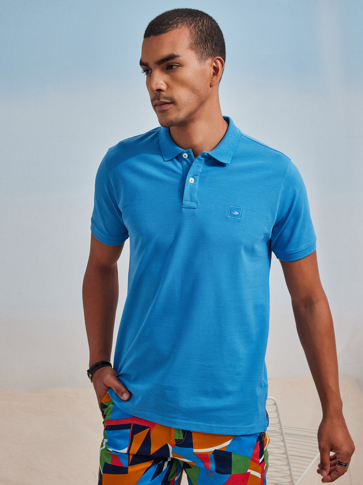 Blue Cotton Stretch Polo Collar T-Shirt